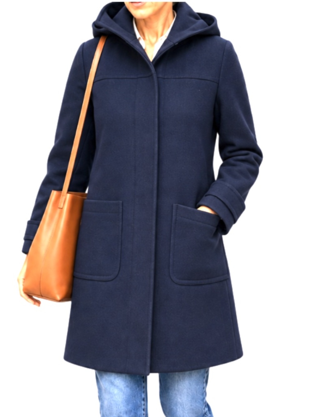J. Crew navy wool cashmere hooded 34" stadium coat zips thinsulate 2 pockets
